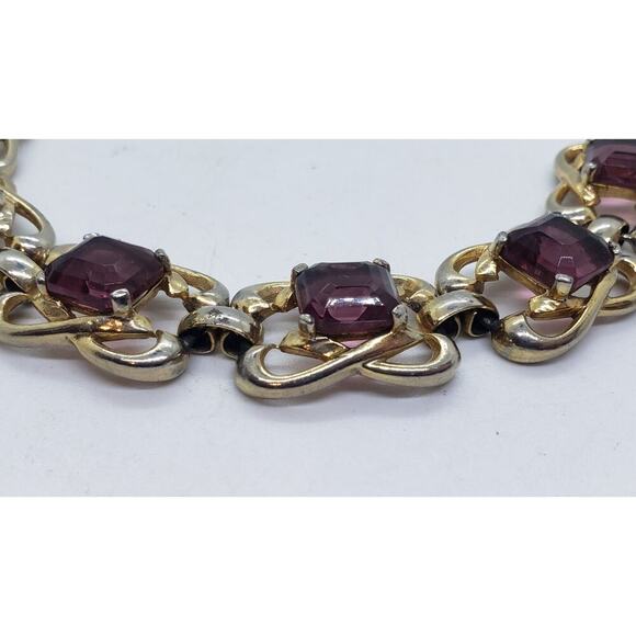 Vintage Link Bracelet Gold Wash Big Purple faceted Glass Stones Chunky Wide 60s - Picture 5 of 10